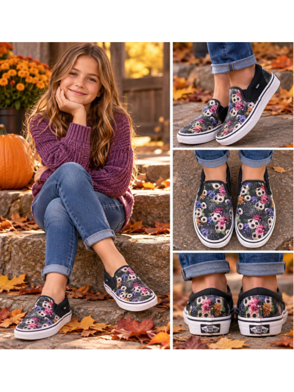 Women's Vans Slip-On Sneakers Size 6 Black Floral Spiderweb Print